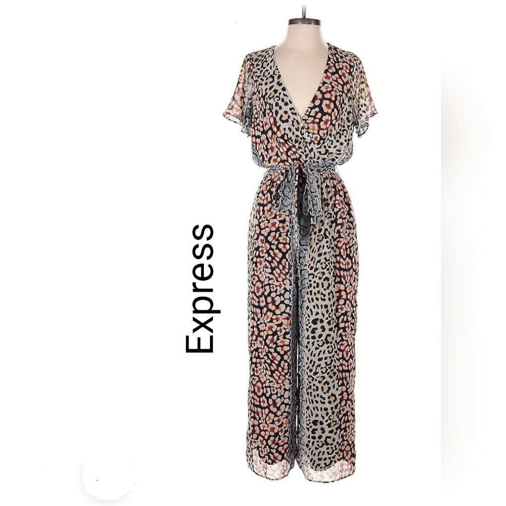 Express Leopard Print Jumpsuit - Black, White, Pink